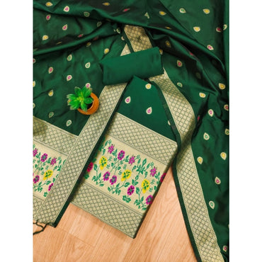Women's Banarasi Silk Printed Unstitched Salwar Suit Material With Dupatta (Bottle Green, 3Mtrs)