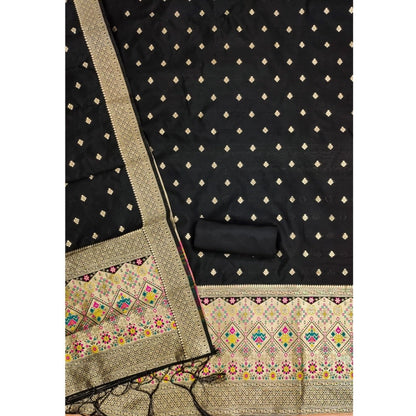 Women's Banarasi Silk Printed Unstitched Salwar Suit Material With Dupatta (Black, 3Mtrs)