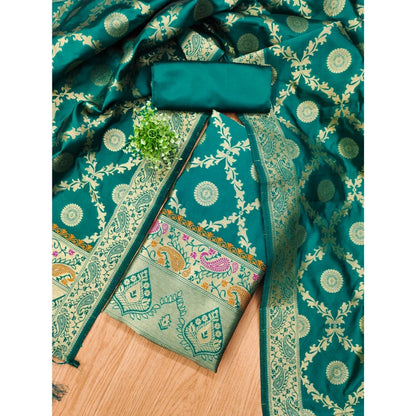 Women's Banarasi Silk Printed Unstitched Salwar Suit Material With Dupatta (Rama, 3Mtrs)
