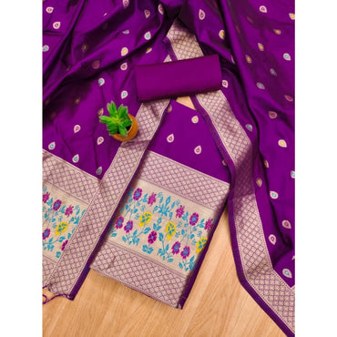 Women's Banarasi Silk Printed Unstitched Salwar Suit Material With Dupatta (Purple, 3Mtrs)