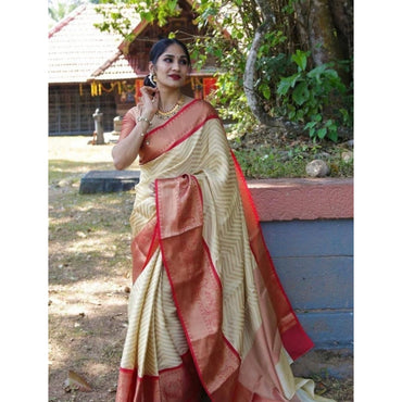 Women's Litchi silk Printed Saree With Unstitched Blouse (Beige)