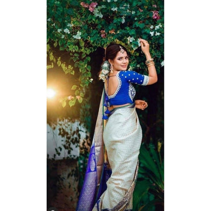 Women's Litchi silk Printed Saree With Unstitched Blouse (Off White)
