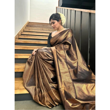 Women's Litchi silk Printed Saree With Unstitched Blouse (Gold)