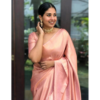 Women's Litchi silk Printed Saree With Unstitched Blouse (Peach)