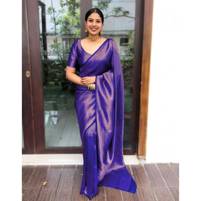 Women's Litchi silk Printed Saree With Unstitched Blouse (Purple)