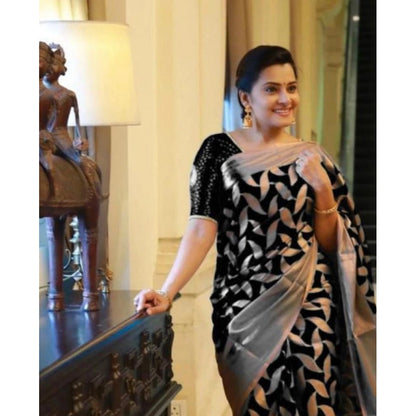 Women's Litchi silk Printed Saree With Unstitched Blouse (Black)