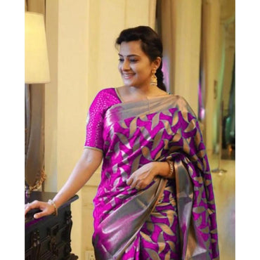 Women's Litchi silk Printed Saree With Unstitched Blouse (Pink)