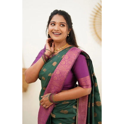 Women's Litchi silk Printed Saree With Unstitched Blouse (Green)