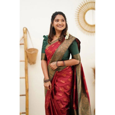 Women's Litchi silk Printed Saree With Unstitched Blouse (Red)