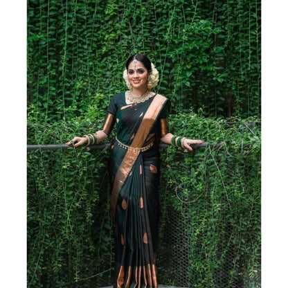 Women's Litchi silk Printed Saree With Unstitched Blouse (Green)