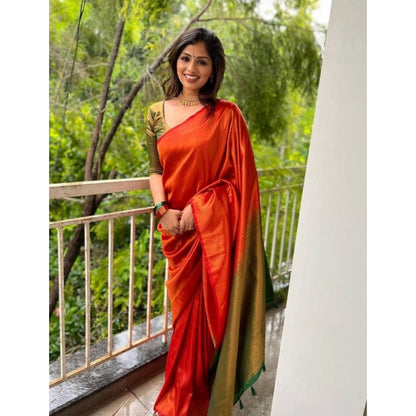 Women's Litchi silk Printed Saree With Unstitched Blouse (Red)