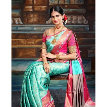 Women's Litchi silk Printed Saree With Unstitched Blouse (Turquise Blue)