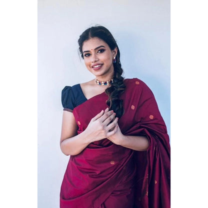 Women's Litchi silk Printed Saree With Unstitched Blouse (Red)