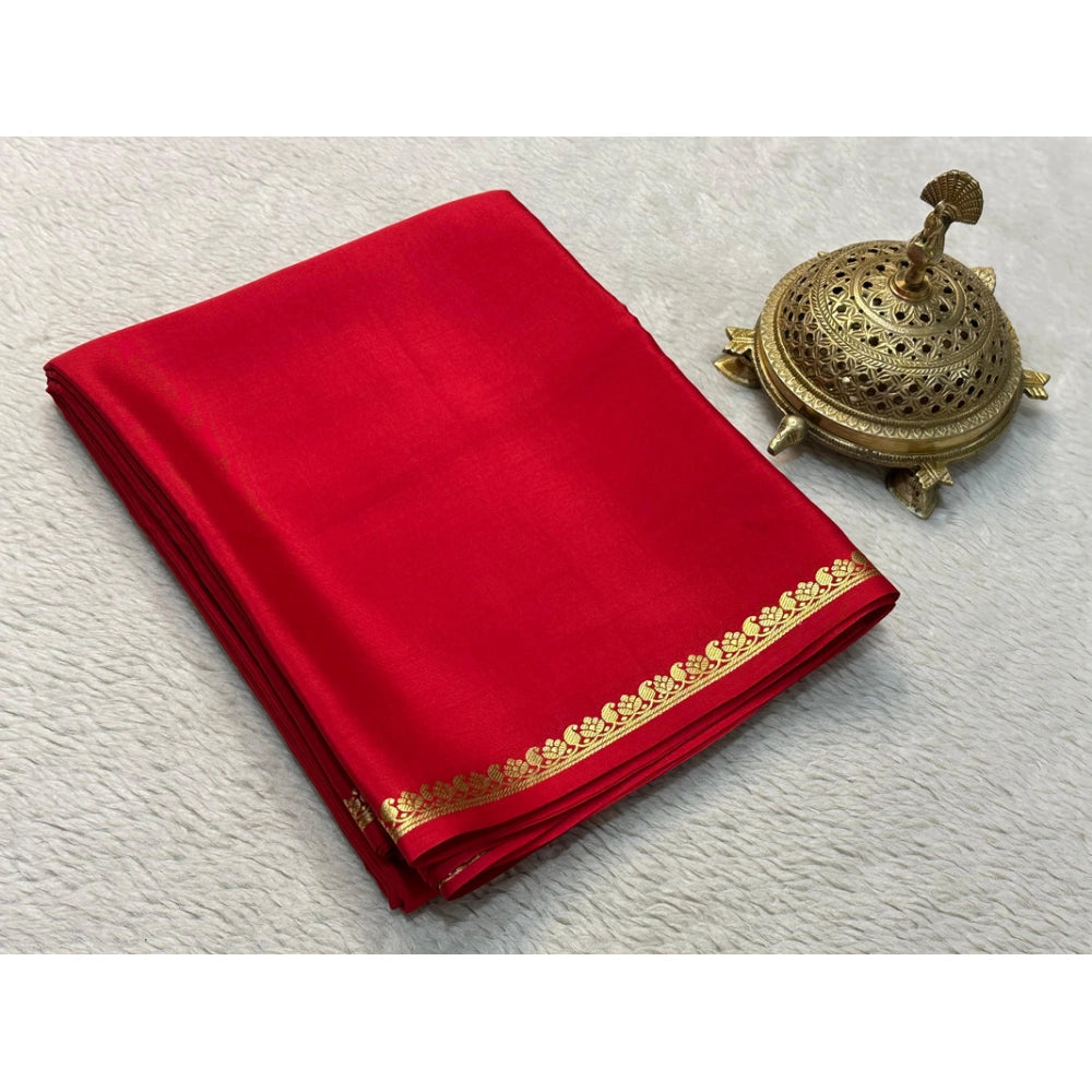Women's Crepe Chit Pallu Solid Saree With Unstitched Blouse 5.5Mtr (Red)