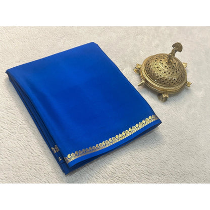 Women's Crepe Chit Pallu Solid Saree With Unstitched Blouse 5.5Mtr (Blue)