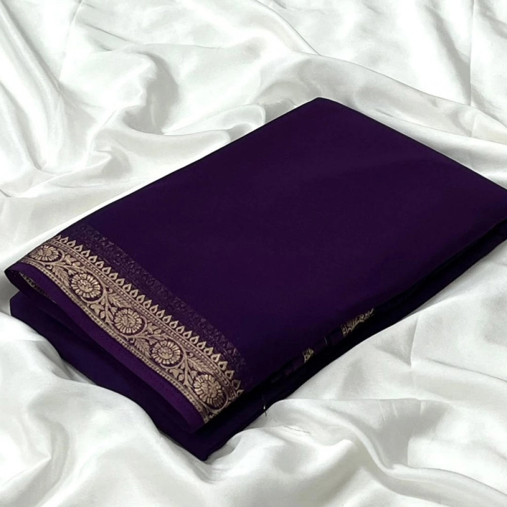 Women's Crepe Chit Pallu Solid Saree With Unstitched Blouse 5.5Mtr (Dark Purple)