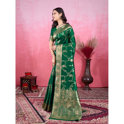 Women's Banarasi Silk Printed Saree With Unstitched Blouse 5.5Mtr (Green)