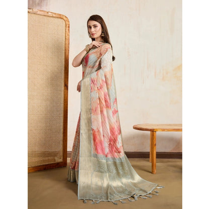Women's Viscose Printed Saree With Unstitched Blouse 5.5Mtr (Cream)