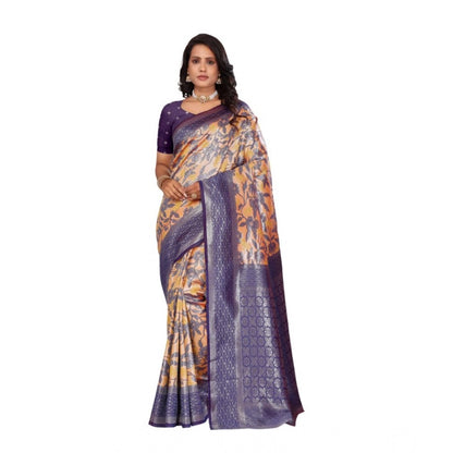 Women's Banarasi Silk Jaquard Woven Saree With Unstitched Blouse 5.5Mtr (Orange)