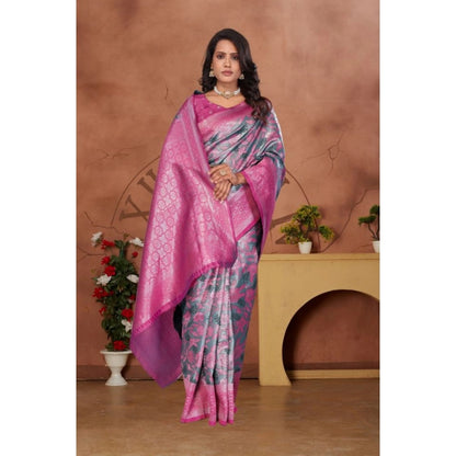 Women's Banarasi Silk Jaquard Woven Saree With Unstitched Blouse 5.5Mtr (Pink)