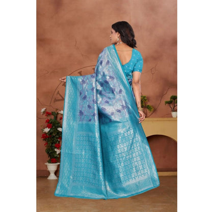Women's Banarasi Silk Jaquard Woven Saree With Unstitched Blouse 5.5Mtr (Light Blue)