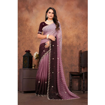Women's Chiffon Embroidred Saree With Unstitched Blouse 5.5Mtr (Beige)