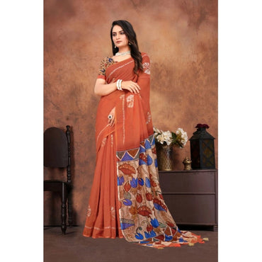 Women's Linen Printed Saree With Unstitched Blouse 5.5Mtr (Red)