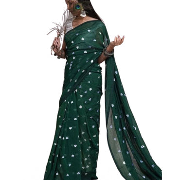 Women's Linen Printed Saree With Unstitched Blouse 5.5Mtr (Green)