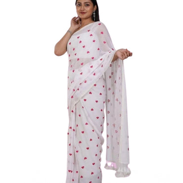 Women's Linen Printed Saree With Unstitched Blouse 5.5Mtr (White)