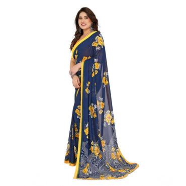Women's Georgette Printed Saree With Unstitched Blouse 5.5Mtr (Blue)