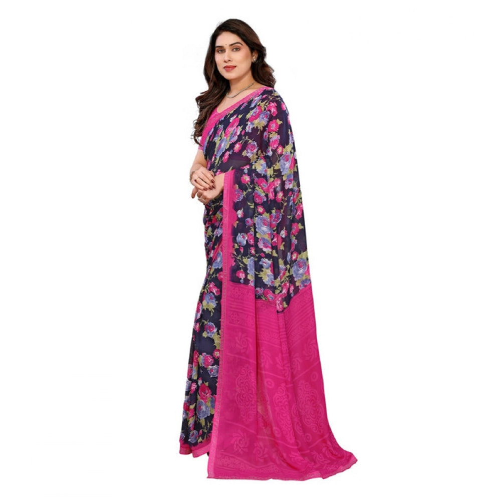 Women's Georgette Printed Saree With Unstitched Blouse 5.5Mtr (Blue)