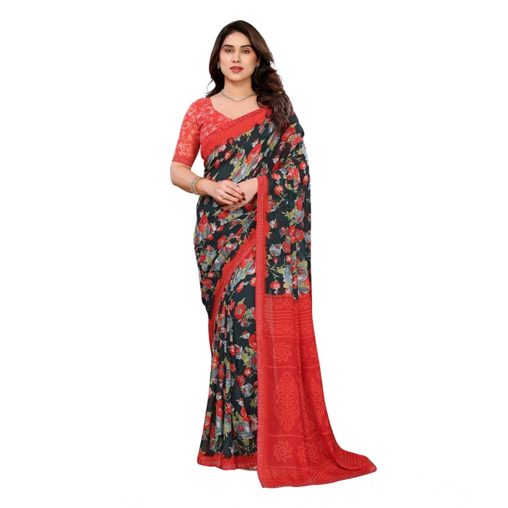 Women's Georgette Printed Saree With Unstitched Blouse 5.5Mtr (Green)
