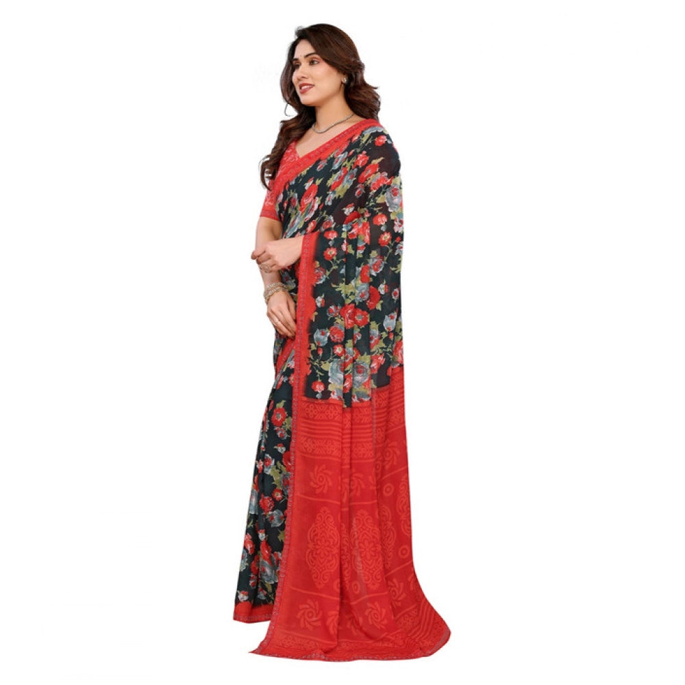 Women's Georgette Printed Saree With Unstitched Blouse 5.5Mtr (Green)