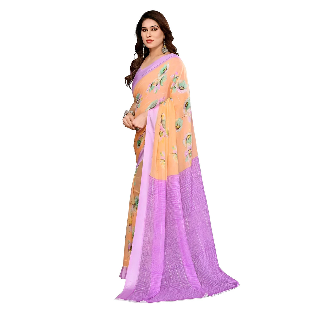 Women's Georgette Printed Saree With Unstitched Blouse 5.5Mtr (Orange)