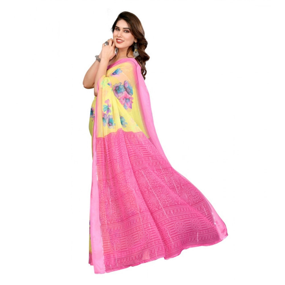 Women's Georgette Printed Saree With Unstitched Blouse 5.5Mtr (Yellow)