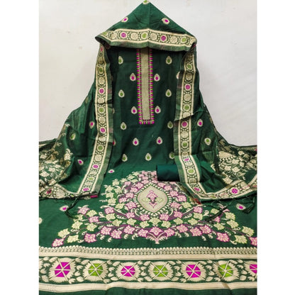 Women's Banarasi Silk Printed Unstitched Salwar Suit Material With Dupatta (Bottle Green, 3Mtrs)