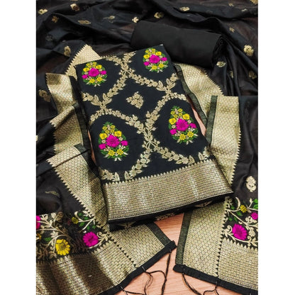 Women's Banarasi Silk Printed Unstitched Salwar Suit Material With Dupatta (Black, 3Mtrs)