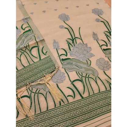 Women's Banarasi Silk Printed Unstitched Salwar Suit Material With Dupatta (Cream, 3Mtrs)