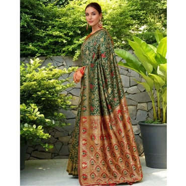 Women's Silk Blend Woven Paithani Saree With Unstitched Blouse 5.5Mtr (Green)
