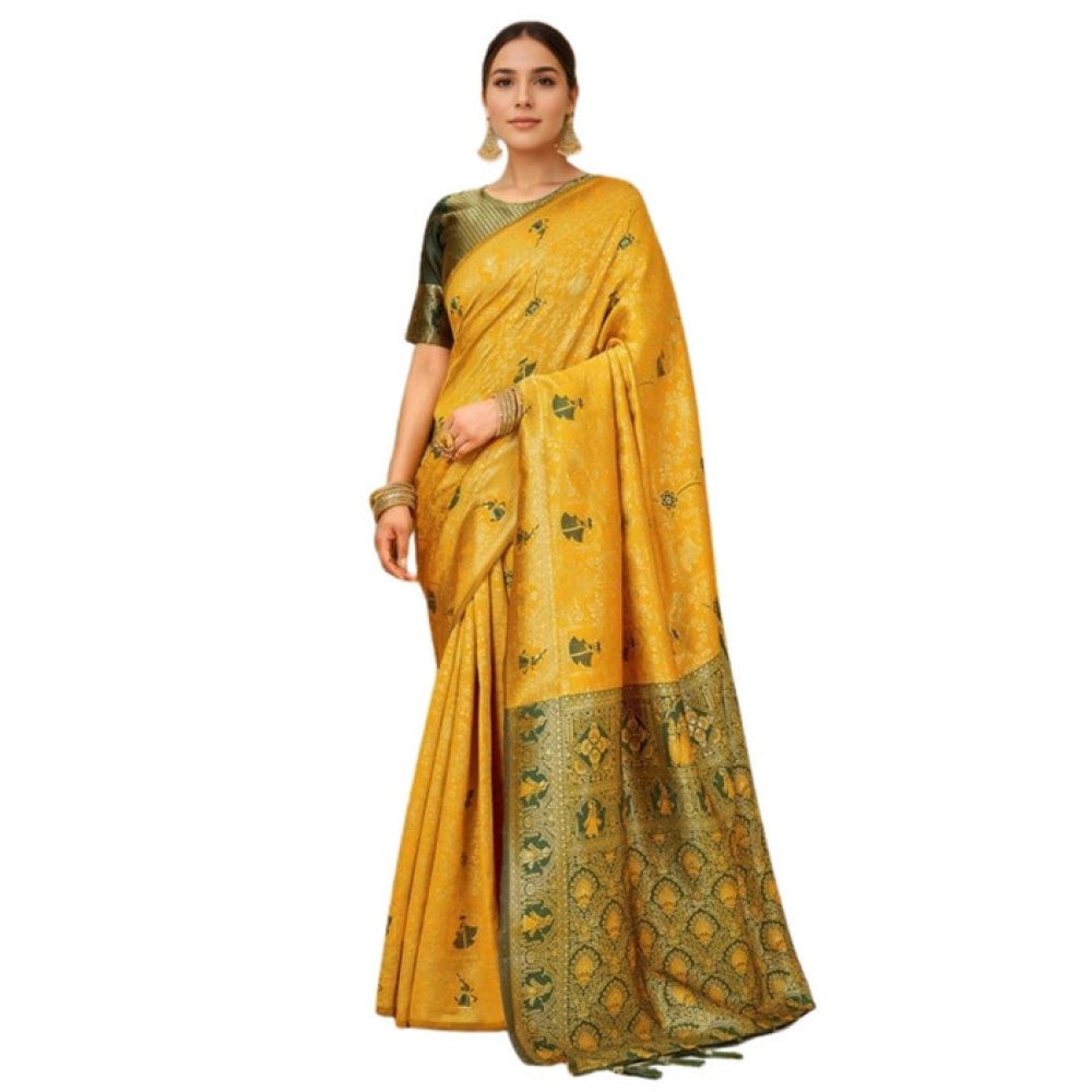 Women's Silk Blend Woven Paithani Saree With Unstitched Blouse 5.5Mtr (Mustard)