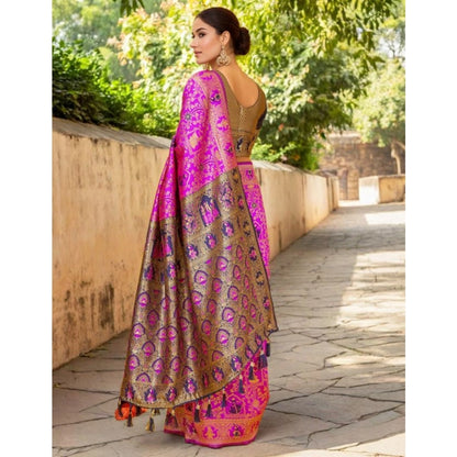 Women's Silk Blend Woven Paithani Saree With Unstitched Blouse 5.5Mtr (Pink)