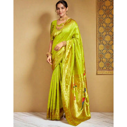 Women's Silk Blend Woven Saree With Unstitched Blouse 5.5Mtr (Lime-Green)