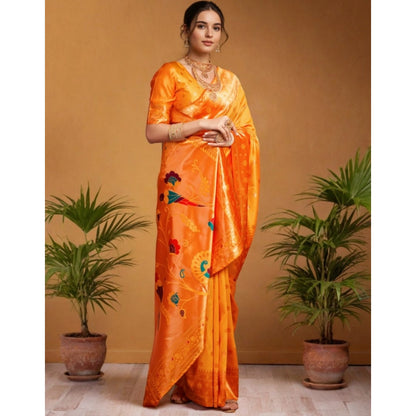 Women's Silk Blend Woven Saree With Unstitched Blouse 5.5Mtr (Orange)