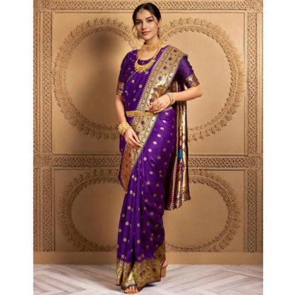 Women's Silk Blend Woven Saree With Unstitched Blouse 5.5Mtr (Purple)