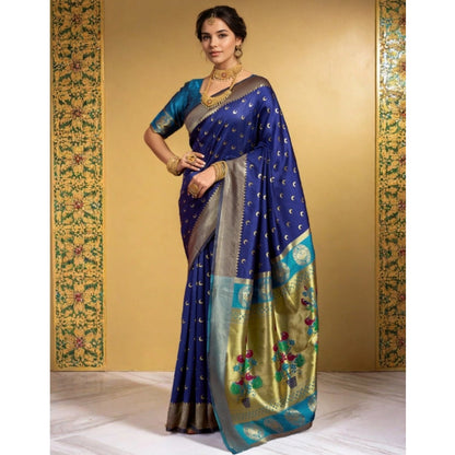 Women's Silk Blend Zari Woven Saree With Unstitched Blouse 5.5Mtr (Navy)