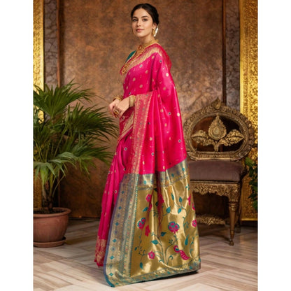 Women's Silk Blend Zari Weaving Saree With Unstitched Blouse 5.5Mtr (Pink)