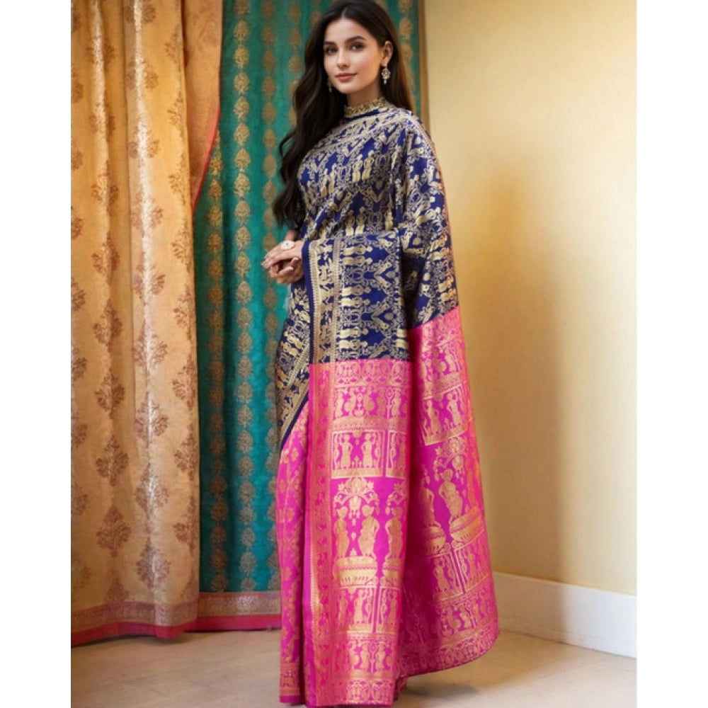 Women's Silk Blend Zari Weaving Saree With Unstitched Blouse 5.5Mtr (Navy)