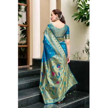 Women's Silk Blend Paithani Weaving Saree With Unstitched Blouse 5.5Mtr (Turquoise)