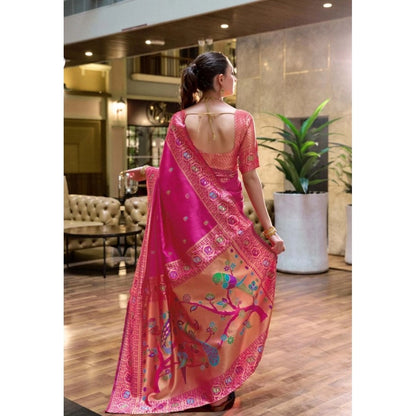 Women's Silk Blend Paithani Weaving Saree With Unstitched Blouse 5.5Mtr (Pink)