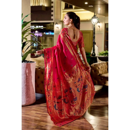 Women's Silk Blend Zari Woven Saree With Unstitched Blouse 5.5Mtr (Pink)